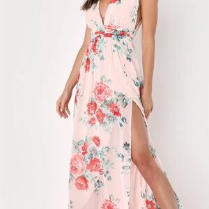Lulu's Pink Wrap Maxi Dress with Plunge Neckline